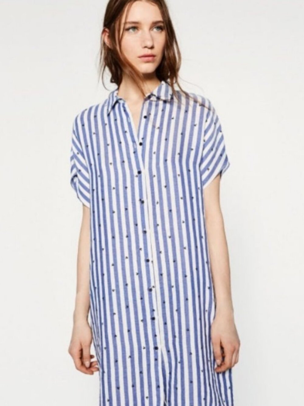 Zara Women’s Blue and White Vertical Stripe Palm Trees Coastal Tunic Dress